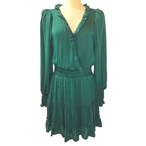 GLAM Los Angeles Ruffle Trim Blouson Mini Dress in Forest Green M/L NWT
